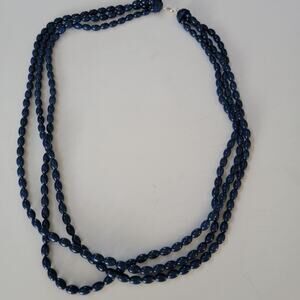 Vintage Multi Strand Navy Blue Beaded Necklace with Decorative Clasp Statement
